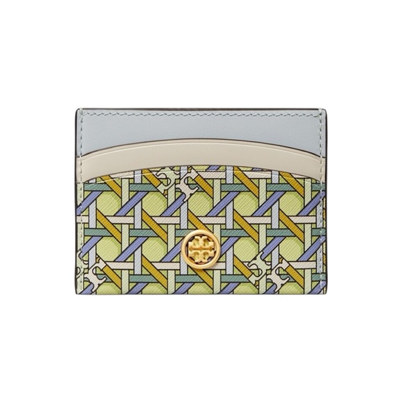 NWOT Tory Burch Robinson Printed Card Case Acid Lemon Basket-Weave - Picture 1 of 9